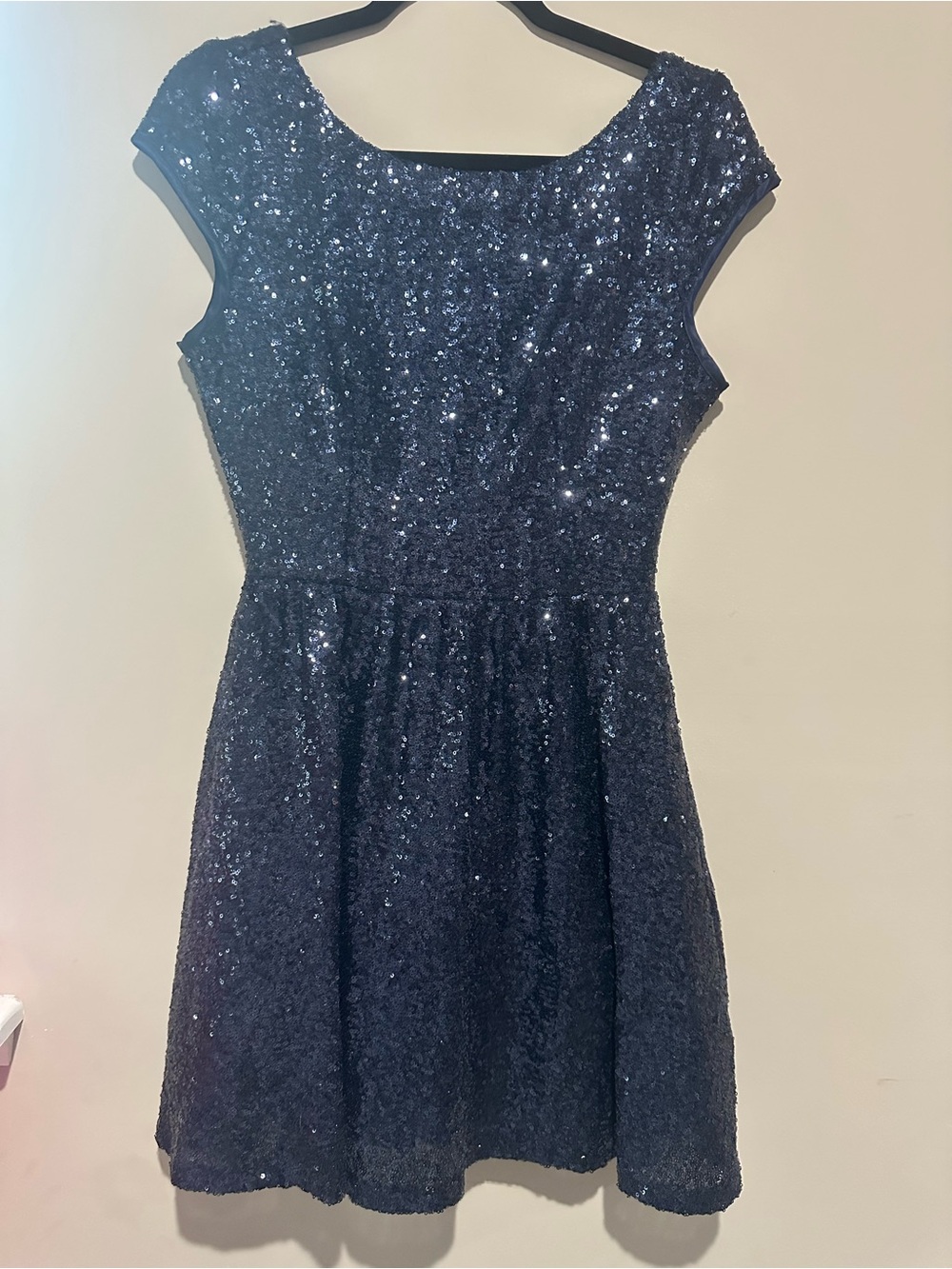 Womens Sparkle Navy Sequin Fit-and-Flare Dress